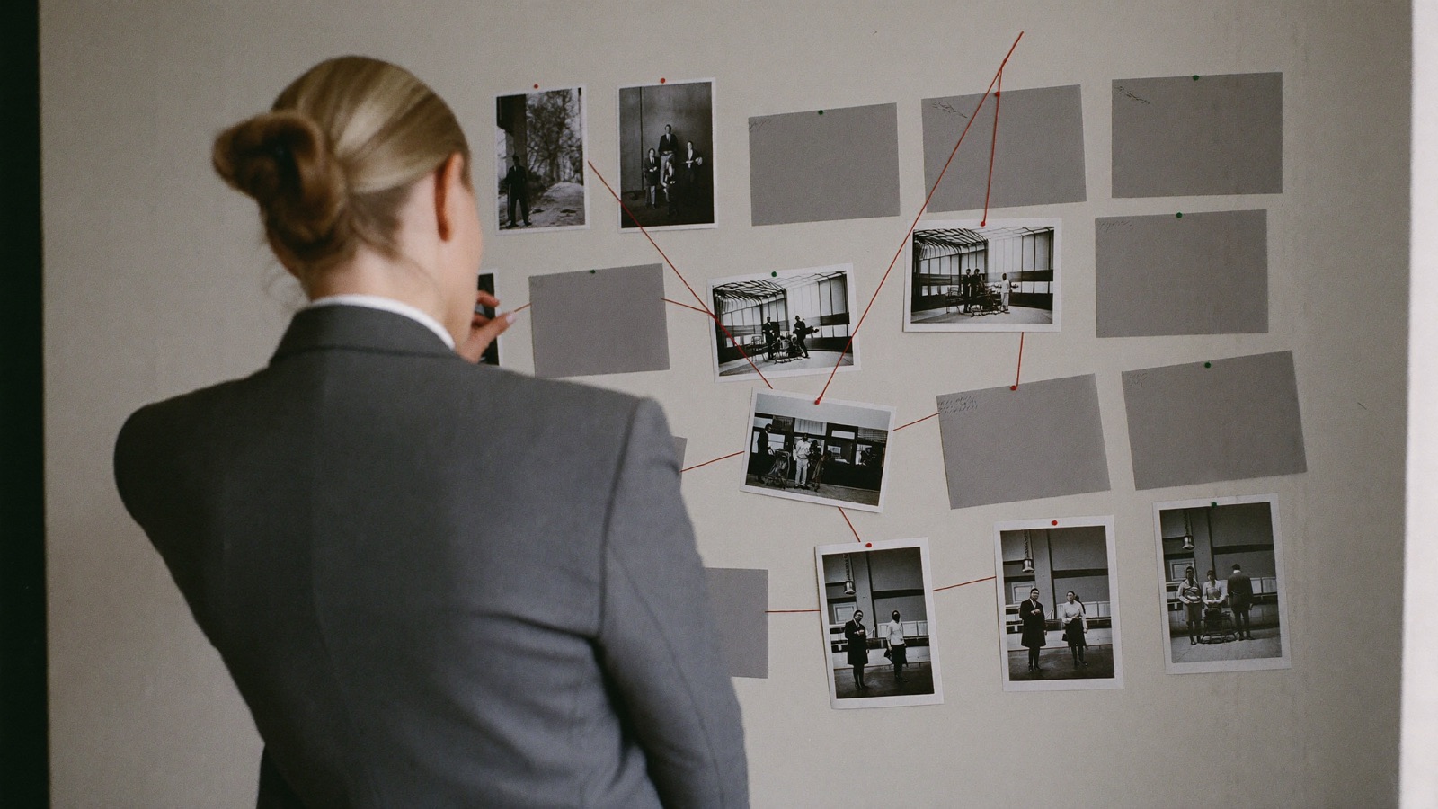 A business owner studying a pinboard of charts and photographs connected by a single red thread.
