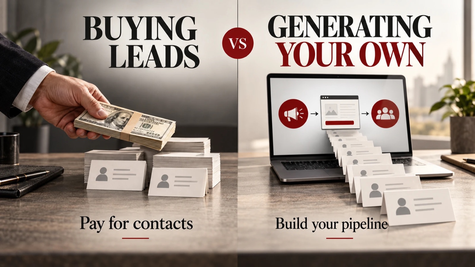 A split image: on the left a hand placing a banded stack of dollar bills on piles of contact cards under the words Buying Leads; on the right a laptop showing an ad, landing page and audience flow with contact cards stepping out of the screen, under the words Generating Your Own.