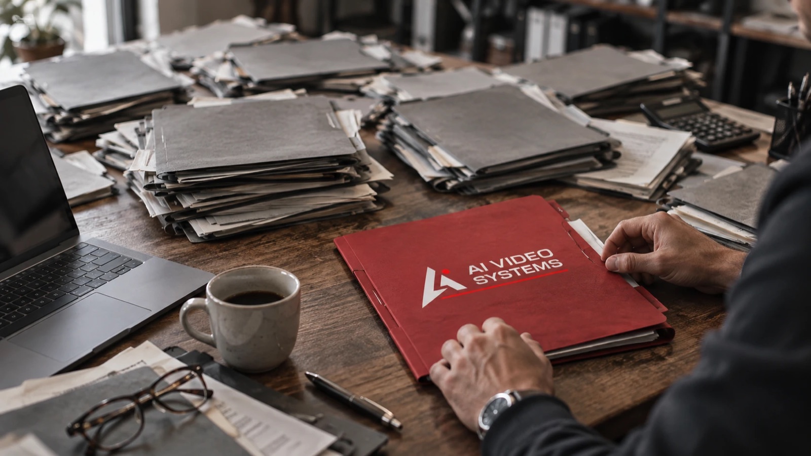 A single red AI Video Systems folder pulled out and open on a desk, surrounded by many identical grey stacks of paper files — the one source that stands out from the pile.