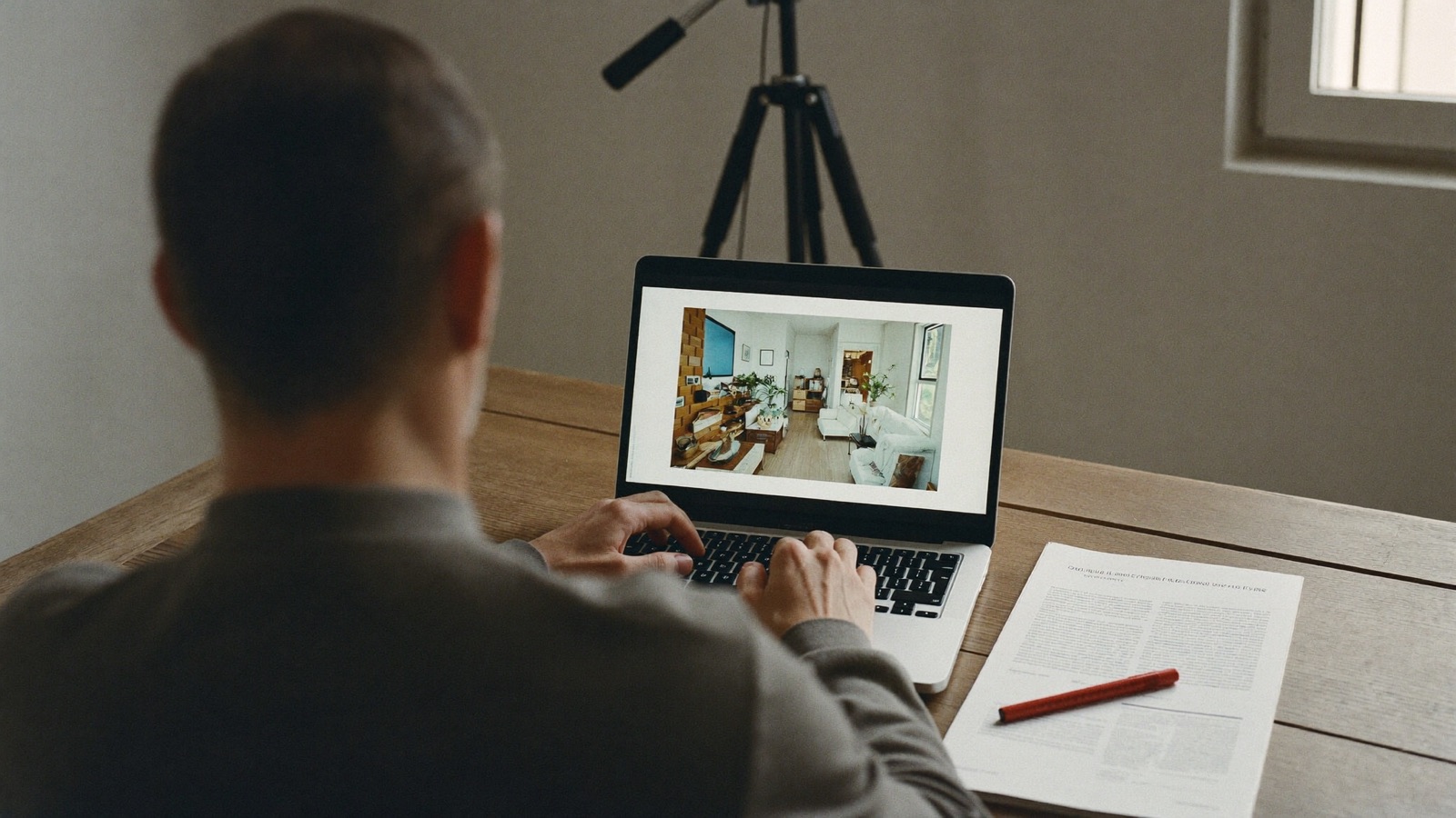 A founder seen from behind at a wooden desk, studying a paused video on a laptop, an unused camera tripod standing behind him and a red pen resting on a printed report.