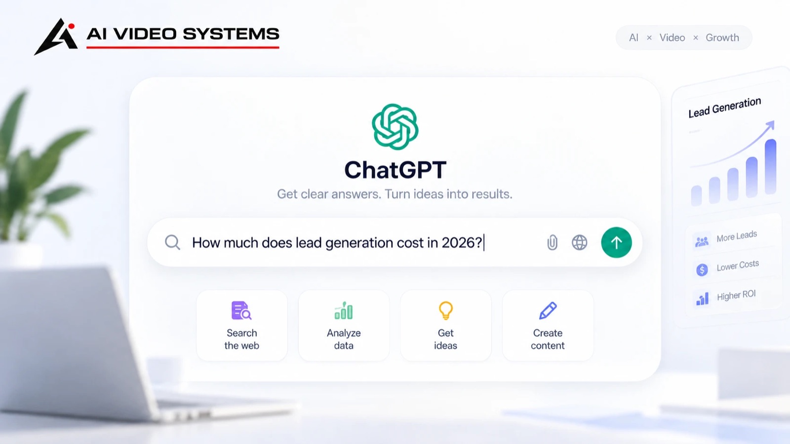 A ChatGPT search box with the question 'How much does lead generation cost in 2026?' typed in, beside a laptop and a small chart card labelled Lead Generation, under the AI Video Systems logo.