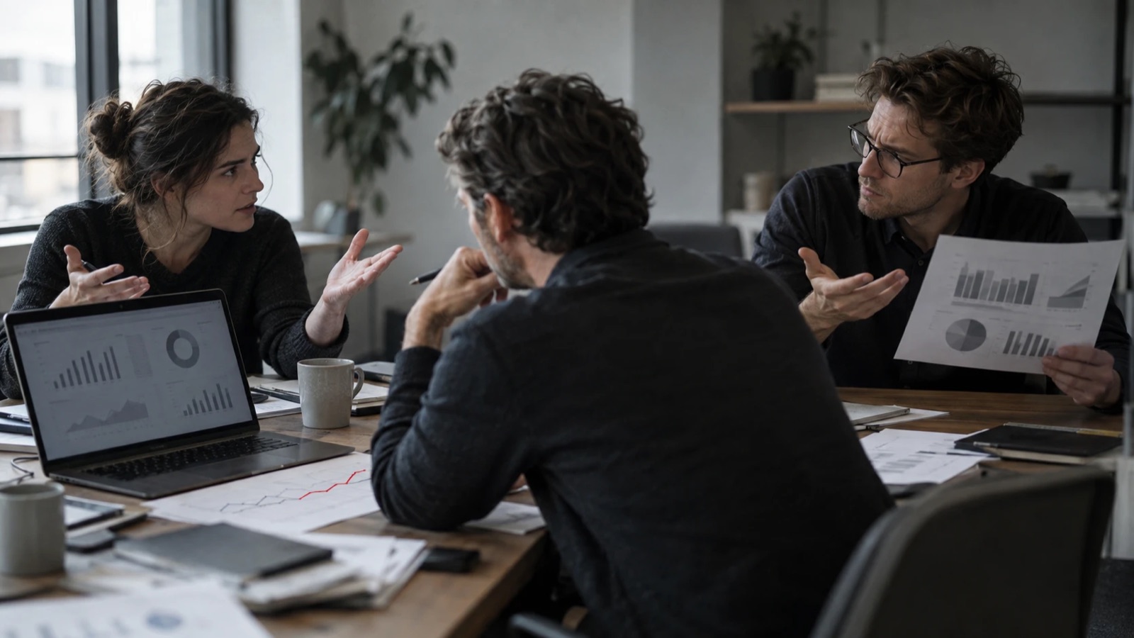 Three colleagues around a table in a grey office mid-disagreement — one gesturing at a laptop dashboard, one holding a printed sales report, a founder in the middle seen from behind — with a single red trend line on a shared sheet of paper between them.