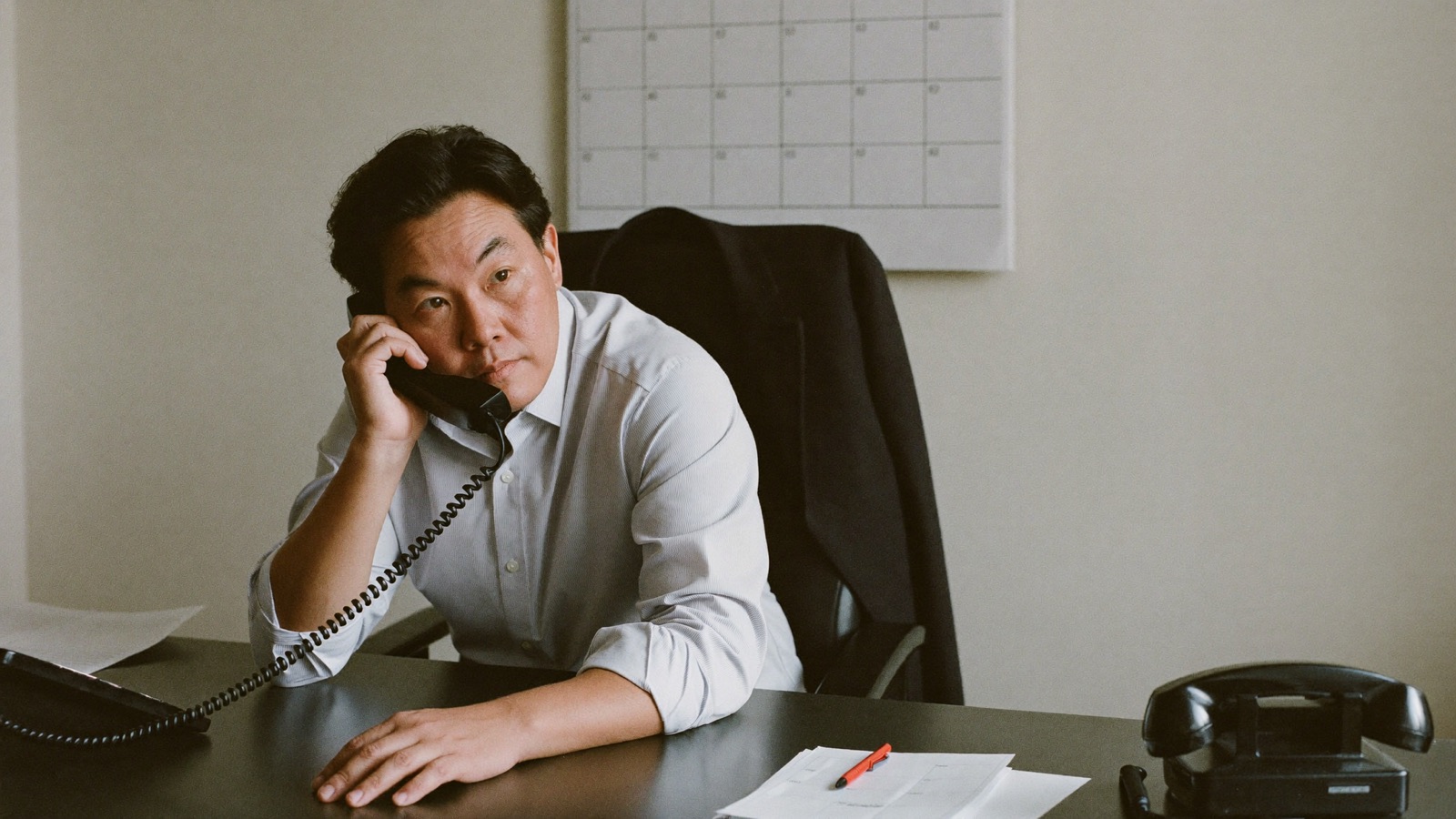 A business owner at his desk holding a quiet phone, with a near-empty wall calendar behind him.