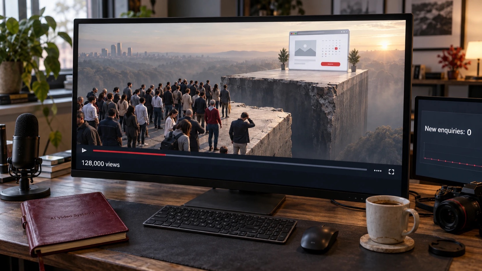 A widescreen monitor on a founder's desk plays a video of a large crowd stopped at the edge of a broken stone ledge, with a booking page sitting on a separate pillar out of reach across the gap. A caption reads 128,000 views, and a second screen beside it shows New enquiries: 0.
