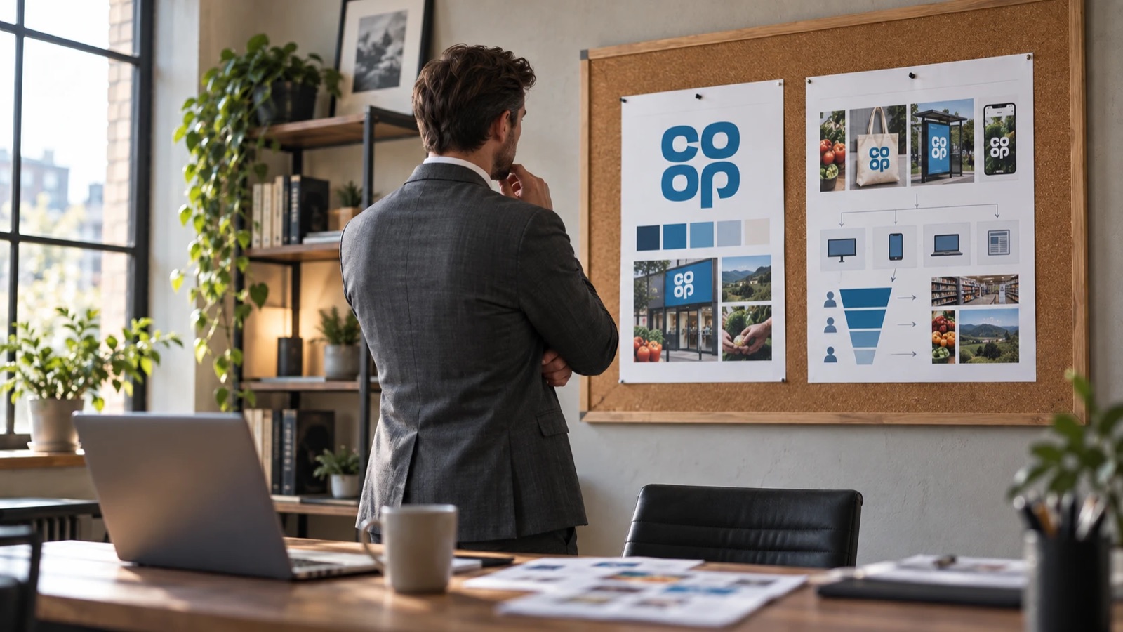 A founder seen from behind studies a branding and marketing mood board pinned to a corkboard in a bright office.