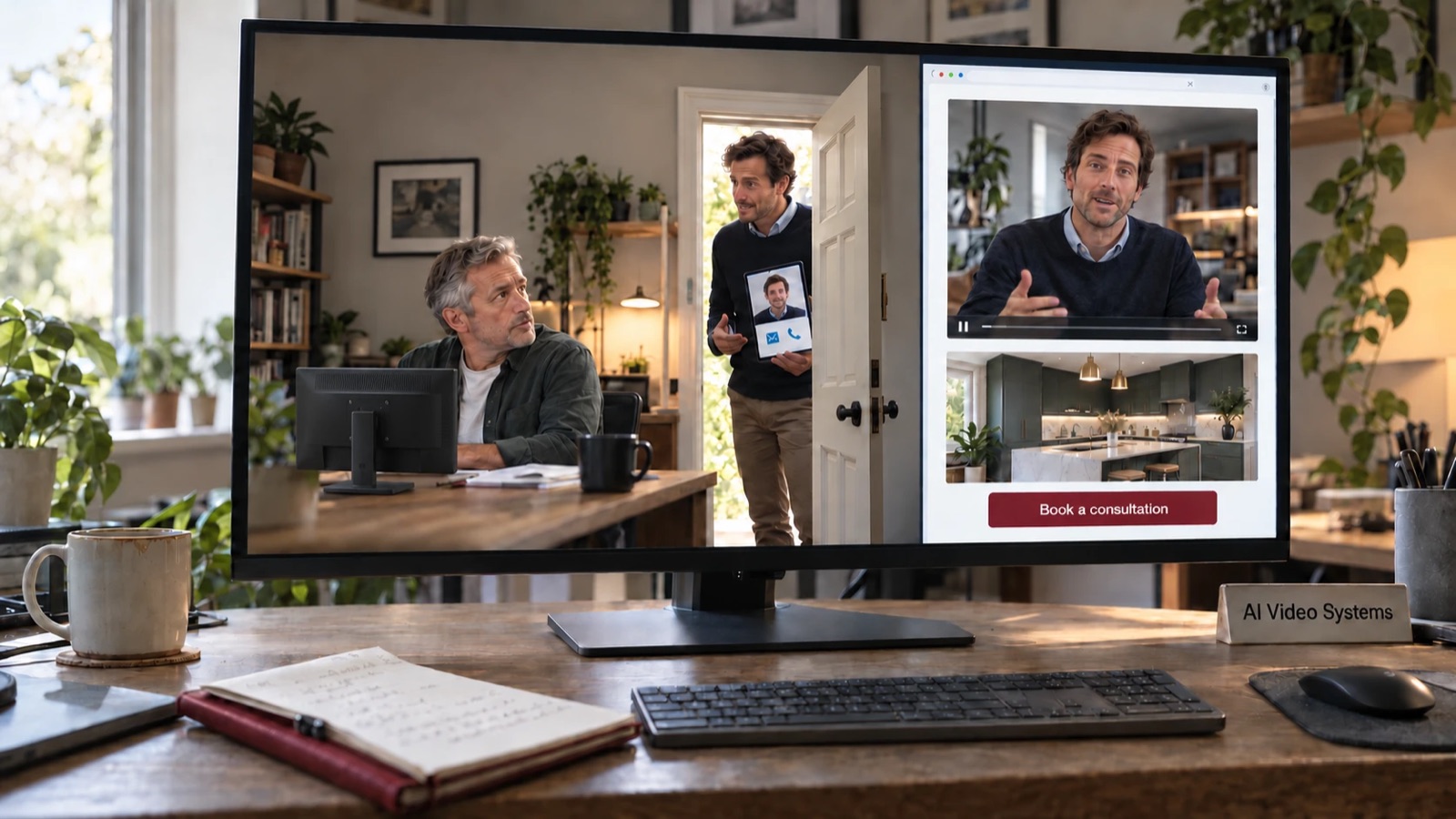 On a widescreen monitor, a man at a desk glances up at a second man standing in the doorway holding a tablet that shows a video call, while on the right a booking page plays the same man explaining his work above a finished kitchen and a Book a consultation button: proof sent before the call.
